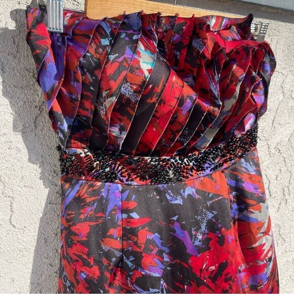 BCBG Bold Strapless Mini Dress Fiery Red Purple Abstract Print Glam Y2k Revival - Picture 2 of 5
